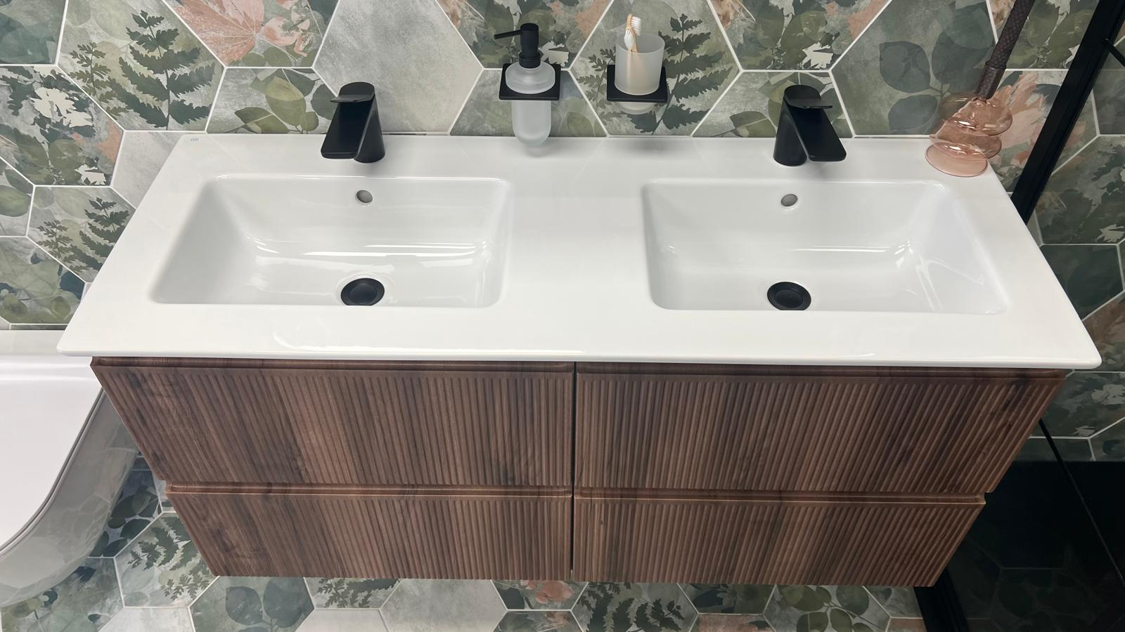 GSI Pura double washbasin with ribbed walnut four-drawer vanity unit, front detail